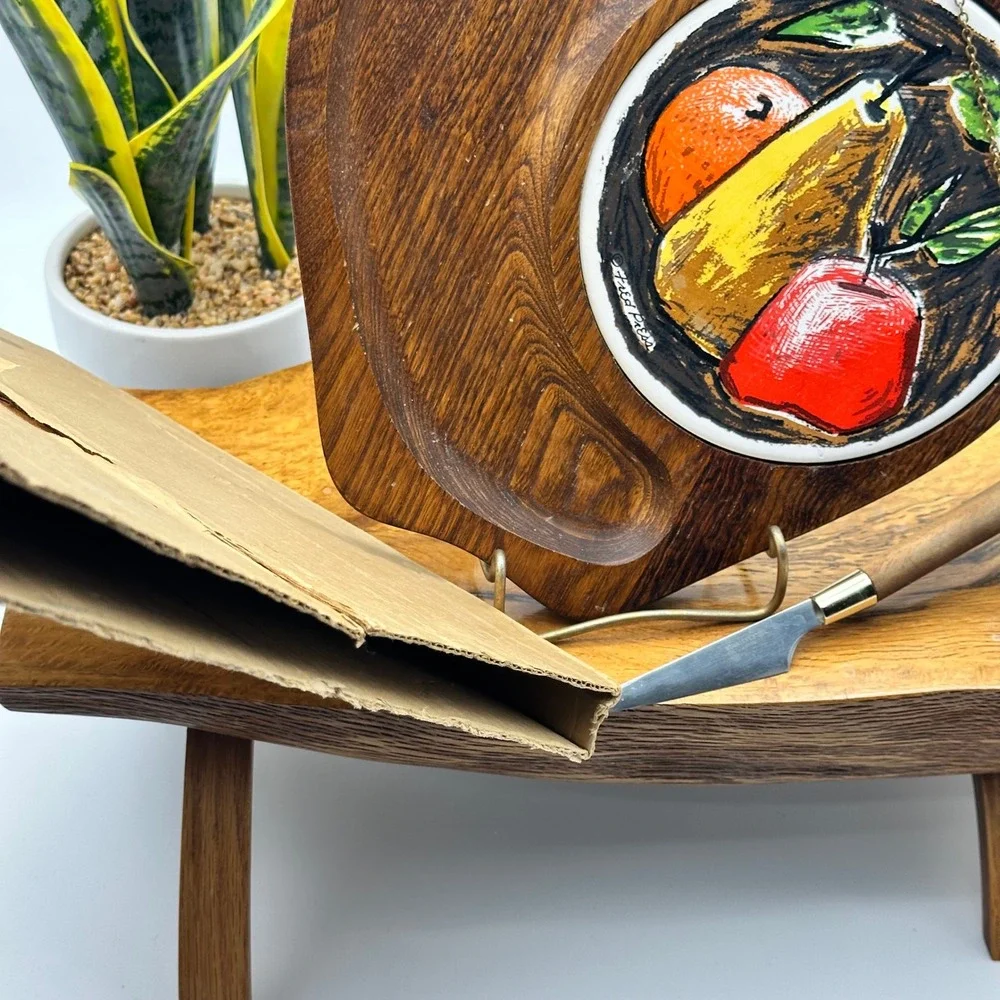 Fred Press Rubel Serv Wood Cheese Board Heart Fruit Tile Knife Vintage 562 Japan